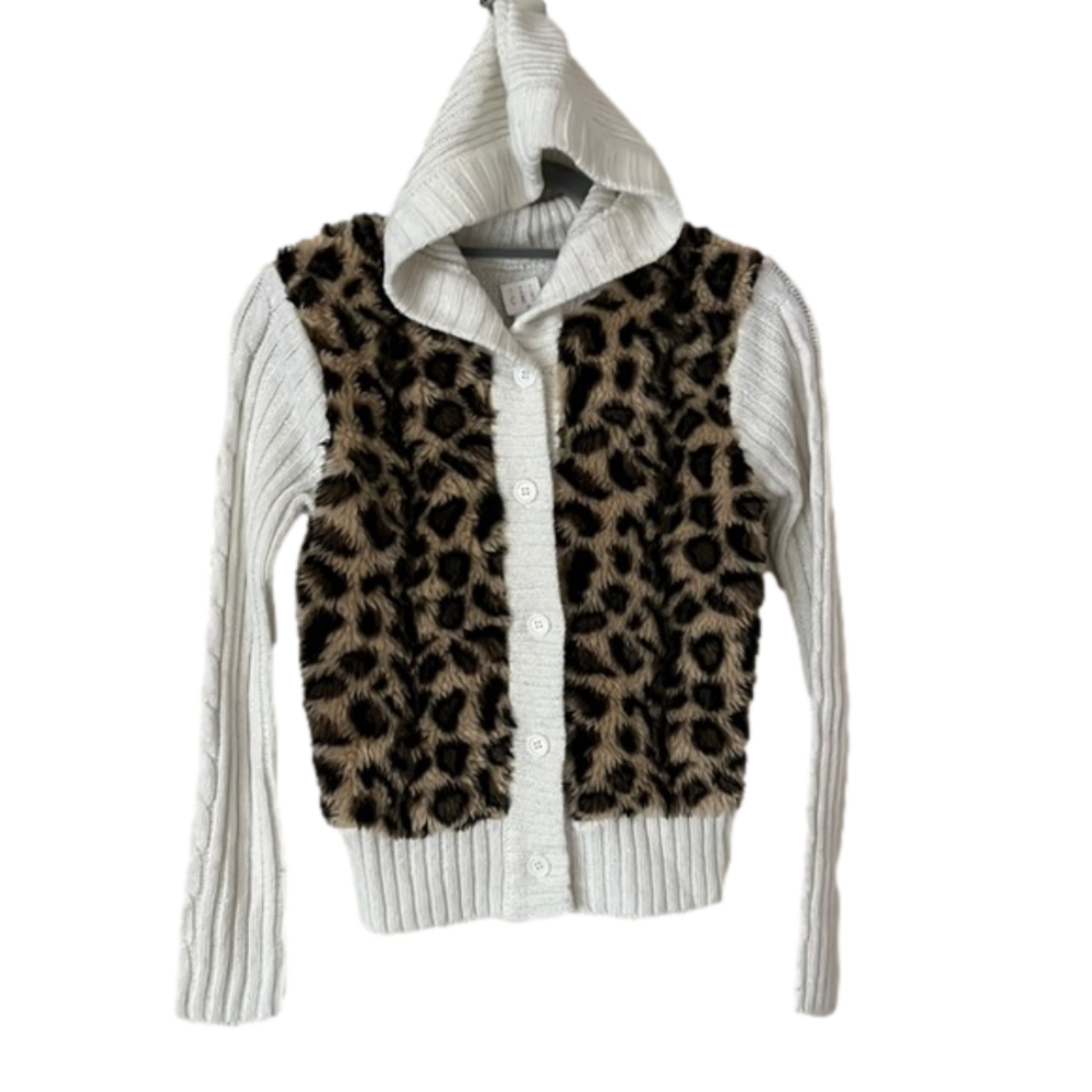 CRB Girls Cream Hooded Zip-up Sweater w Brown Leopard Print Front Size L (14)